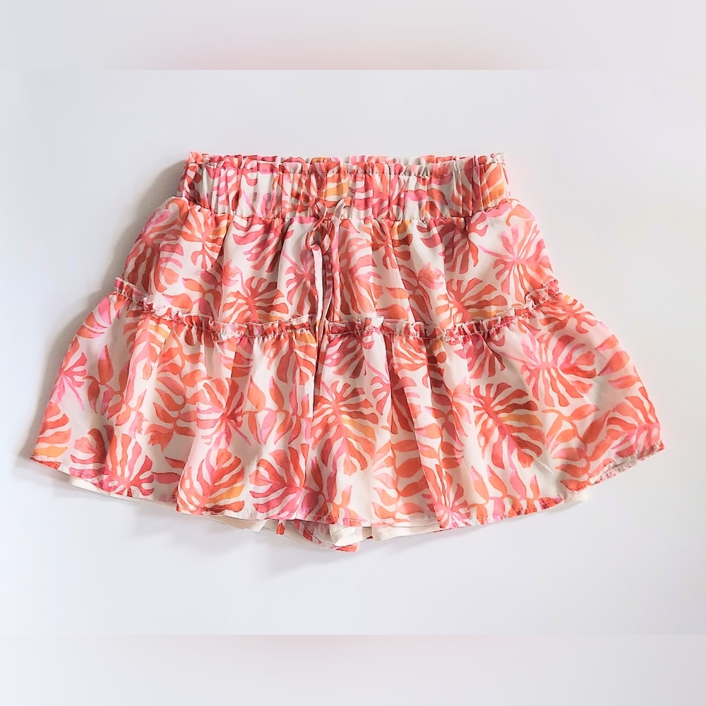 Kendall + Kylie Tiered Ruffle Drawstring Shorts Orange Ivory Size Medium